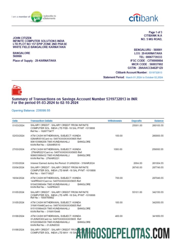 Modelo de extrato bancário do INDIA CITIBANK para download, formato Word e PDF